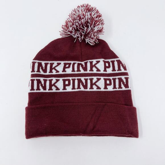Victorias Secret PINK Burgundy Red White Pom Pom Beanie Hat Foldover Winter Cozy - Picture 1 of 7
